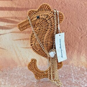 VIRAL Tommy Bahama Seahorse Clutch Bag Natural Woven Gold Chain Strap Vacation
